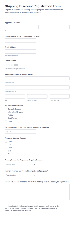 Shipping Discount Registration Form Template