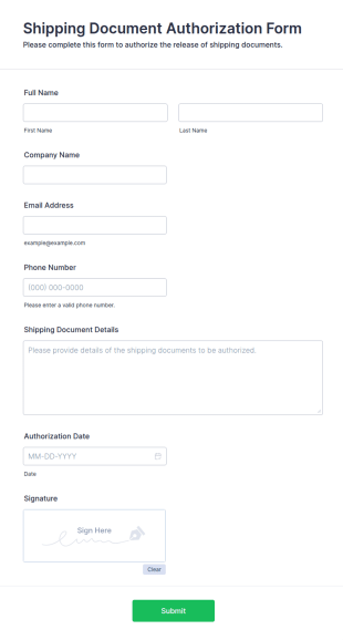 Shipping Document Authorization Form Template