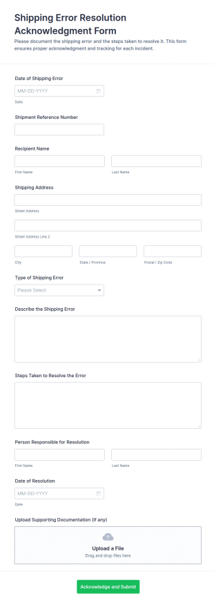 Shipping Error Resolution Acknowledgment Form Template