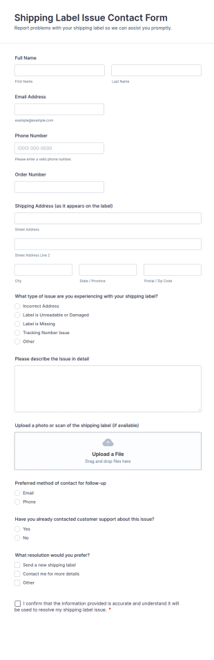 Shipping Label Issue Contact Form Template