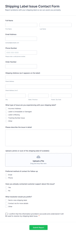 Shipping Label Issue Contact Form Template