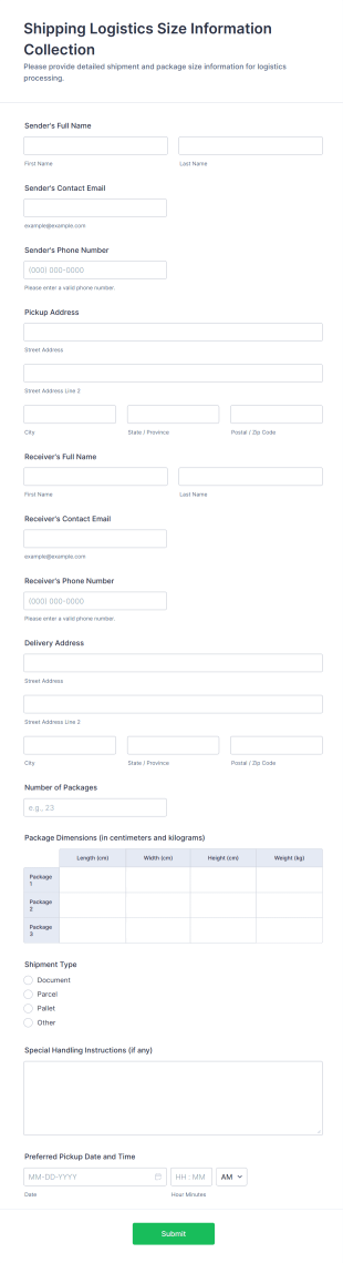 Shipping Logistics Size Information Collection Form Template
