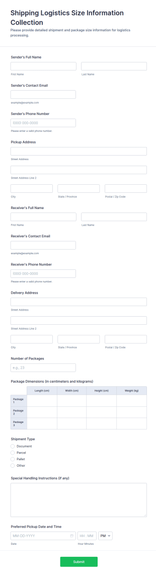 Shipping Logistics Size Information Collection Form Template