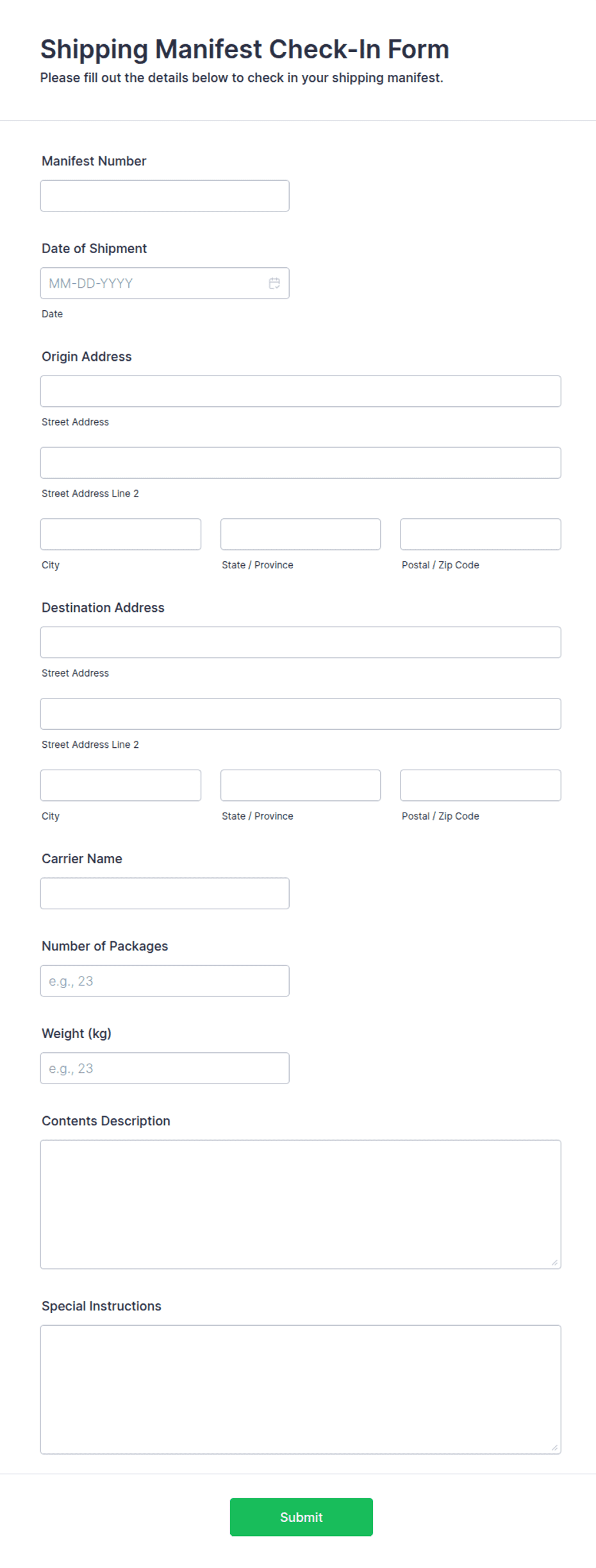 Shipping Manifest Check-In Form Template | Jotform