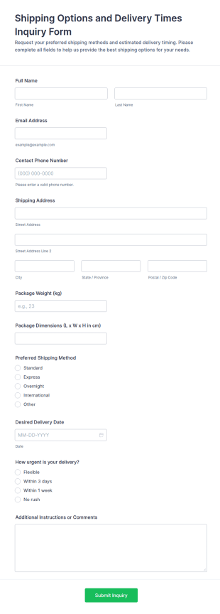 Shipping Options And Delivery Times Inquiry Form Template