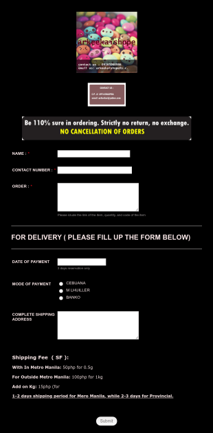 Shipping Order Payment Form Template