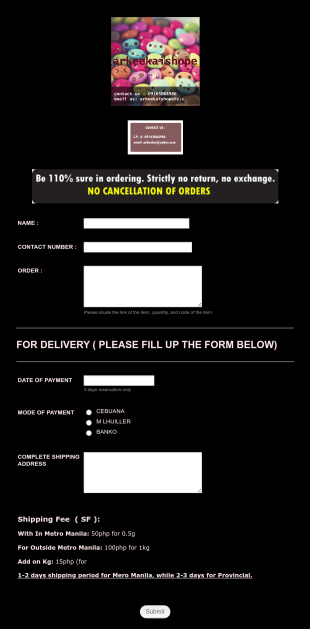 Shipping Order Payment Form Template