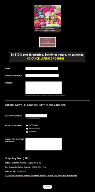 Shipping Order Payment Form Template