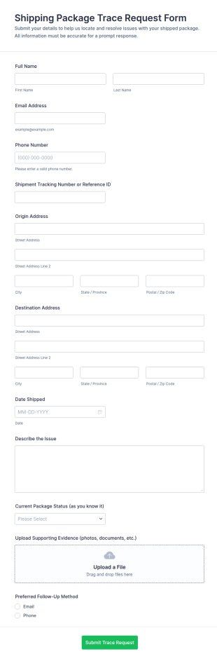 Shipping Package Trace Request Form Template