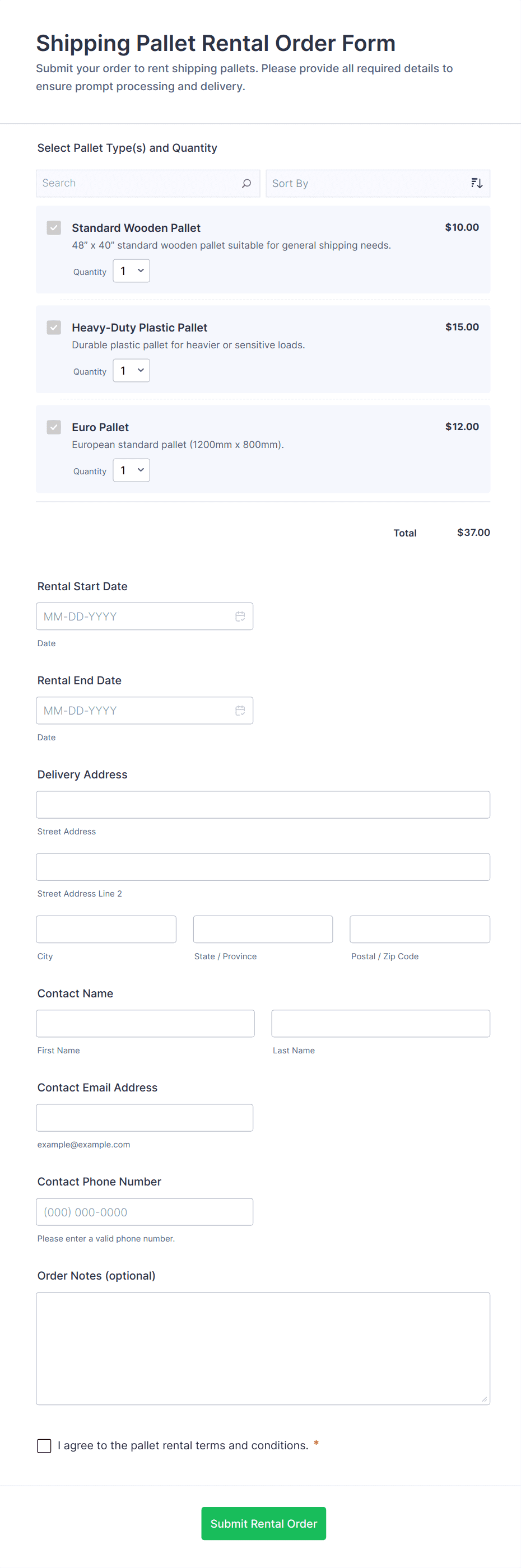Shipping Pallet Rental Order Form Template | Jotform