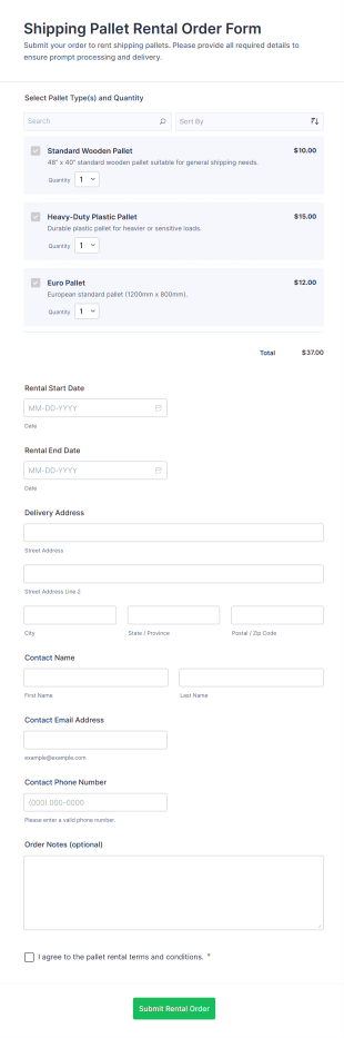 Shipping Pallet Rental Order Form Template