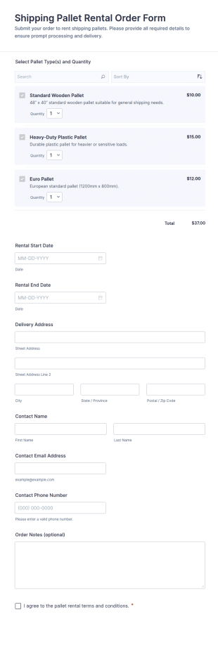 Shipping Pallet Rental Order Form Template