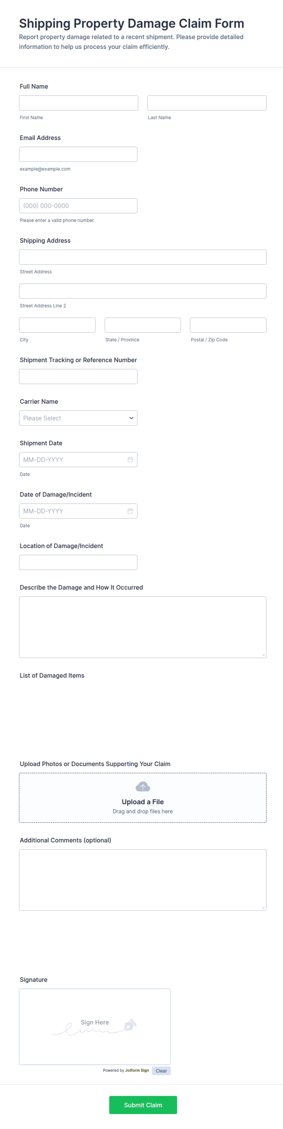 Shipping Property Damage Claim Form Template | Jotform