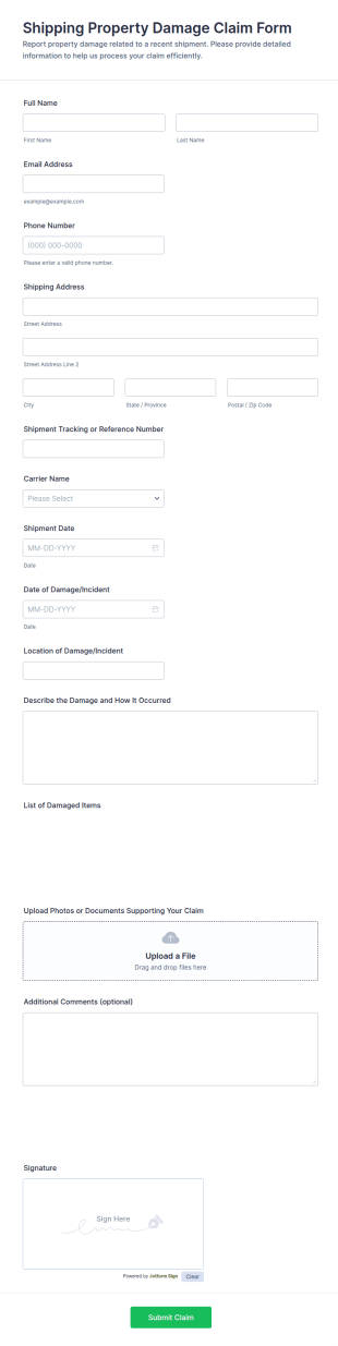 Shipping Property Damage Claim Form Template