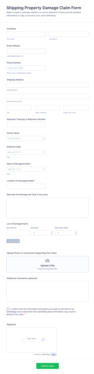 Shipping Property Damage Claim Form Template