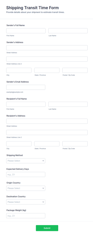 Shipping Transit Time Form Template