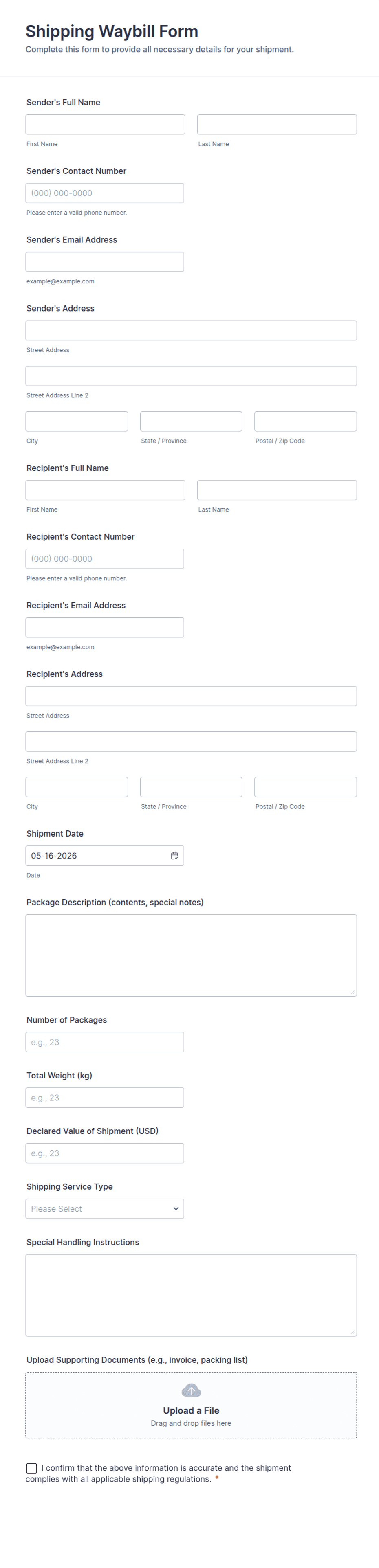 Printable Waybill Form.pdf Shipping Waybill Form Template | Jotform