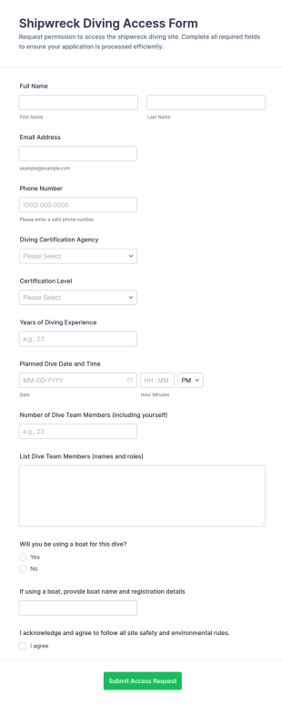 Shipwreck Diving Access Request Form Template