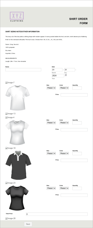 Shirt Order Form Template