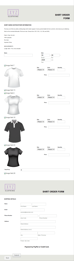 Shirt Order Form Template