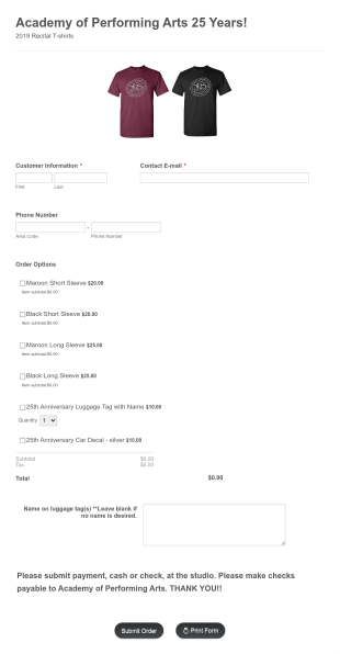 Shirt Orders Form Template