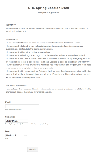 Student Healthcare Leaders Attendance Agreement Form Template