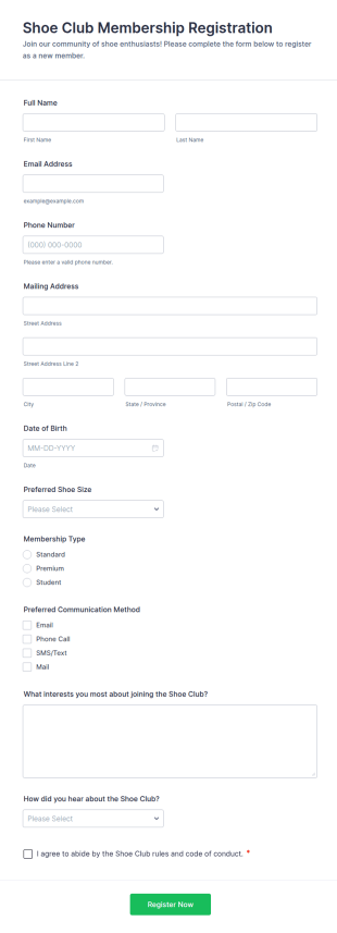 Shoe Club Membership Registration Form Template