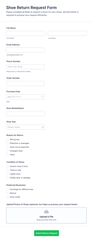 Shoe Return Request Form Template
