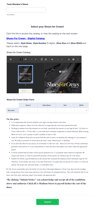 Crews Shoes Order Form Template