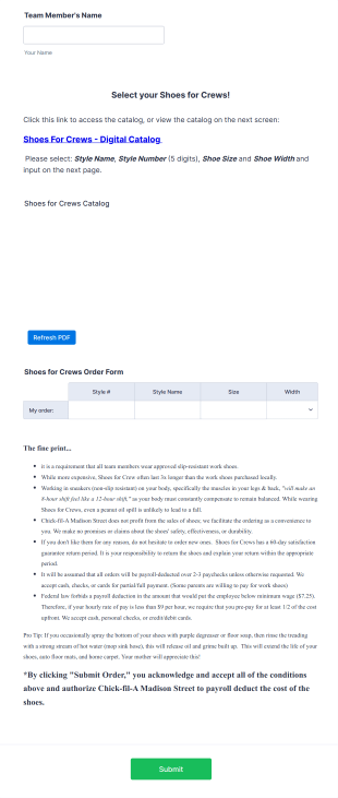 Crews Shoes Order Form Template