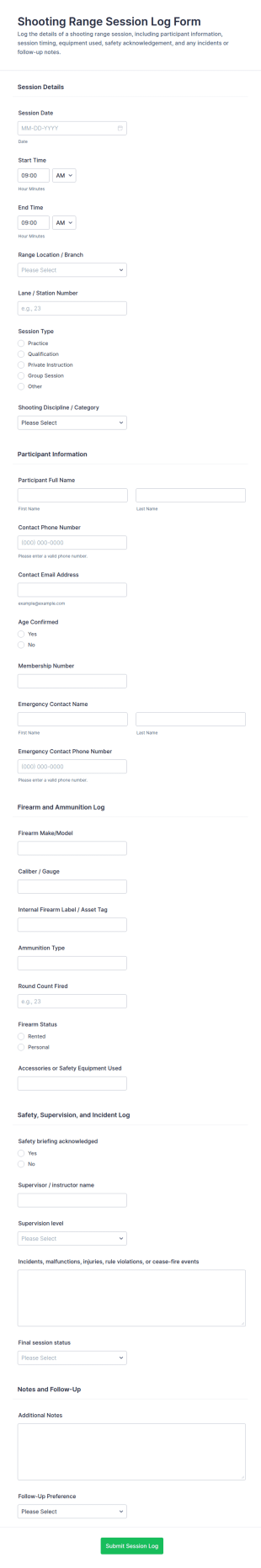 Shooting Range Session Log Form Template