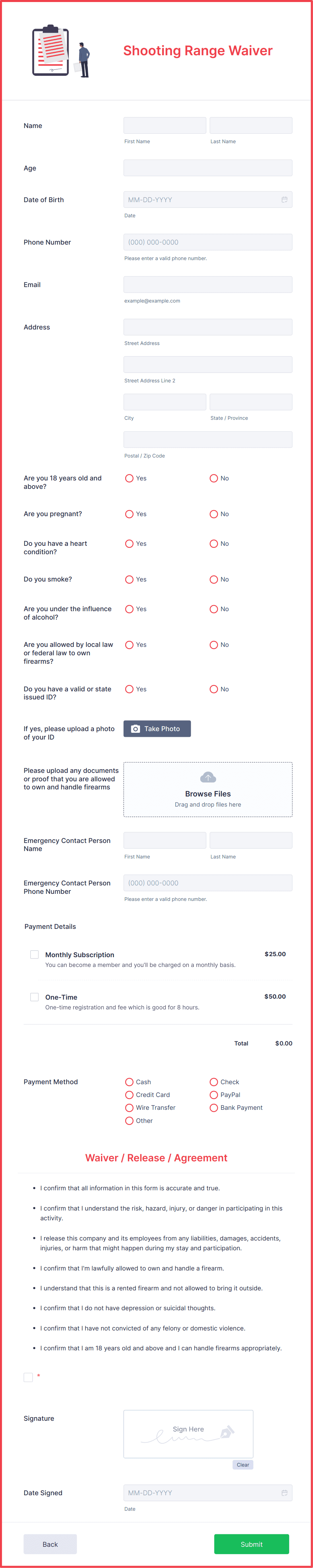 Shooting Range Waiver Form Template | Jotform