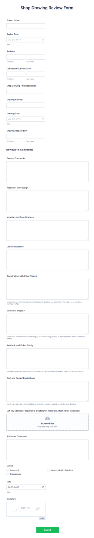 Shop Drawing Review Form Template
