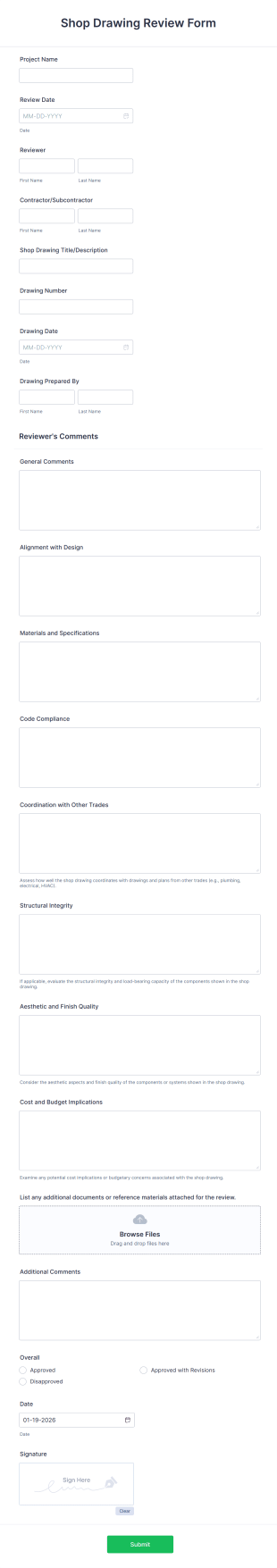 Shop Drawing Review Form Template