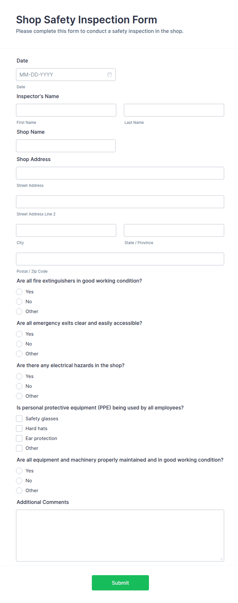 Shop Paperwork Inspection Stand Shop Safety Inspection Form Template | Jotform