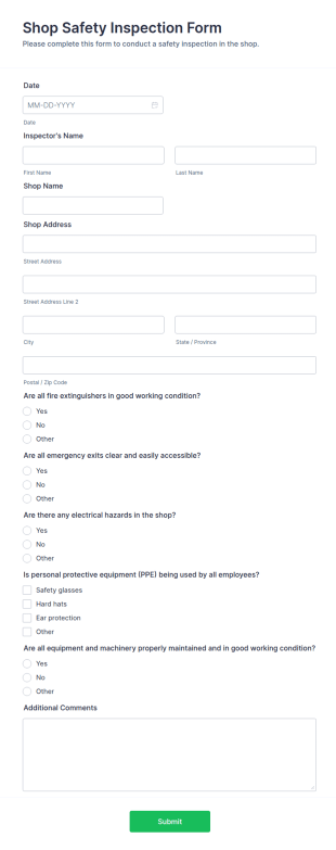Shop Safety Inspection Form Template