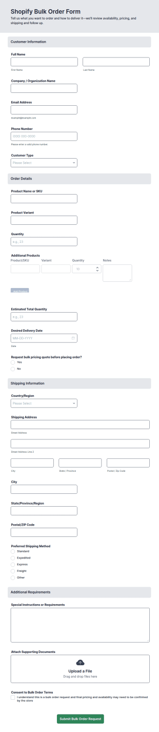 Shopify Bulk Order Form Template