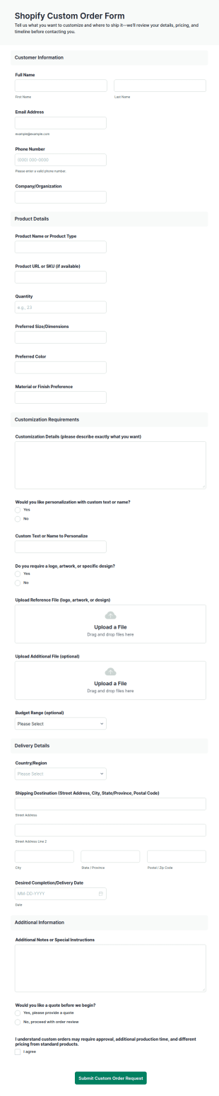 Shopify Custom Order Form Template