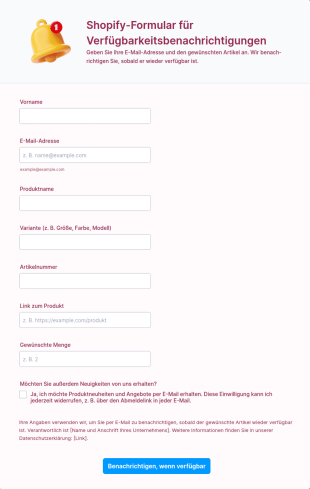 Shopify Formular Für Verfügbarkeitsbenachrichtigungen