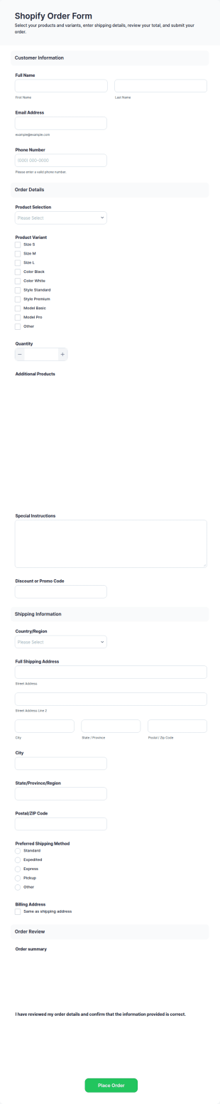 Shopify Order Form Template