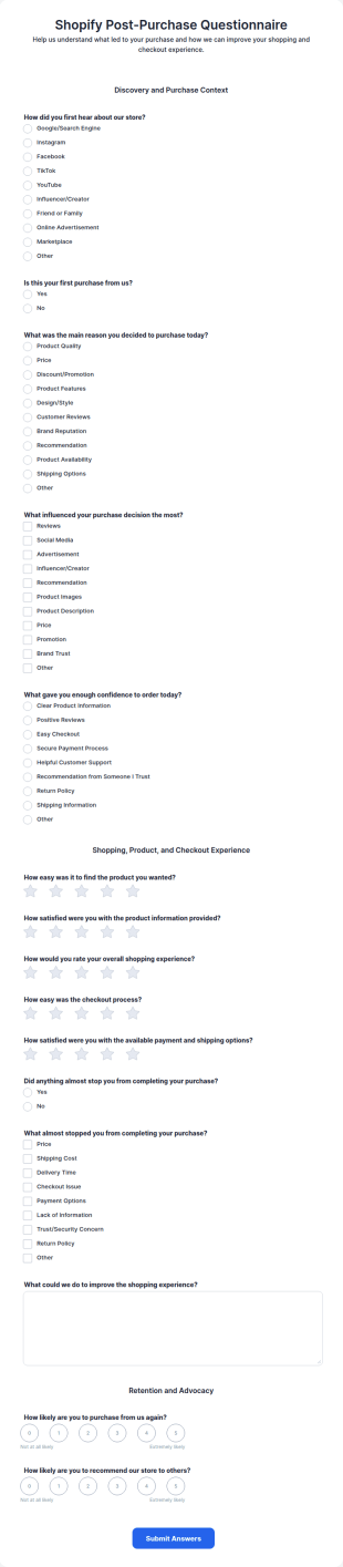 Shopify Post Purchase Questionnaire Form Template