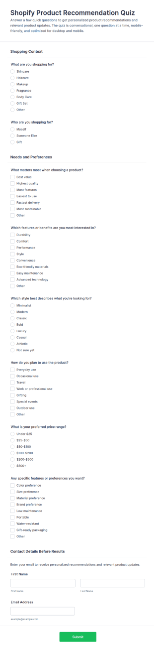 Shopify Product Recommendation Quiz Form Template