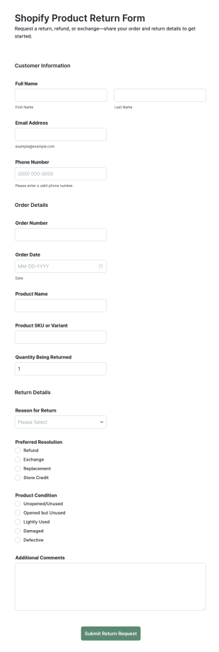 Shopify Product Return Form Template