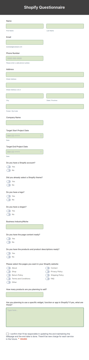Shopify Questionnaire Form Template