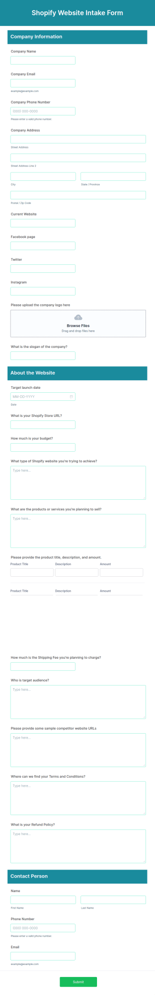 Shopify Website Intake Form Template