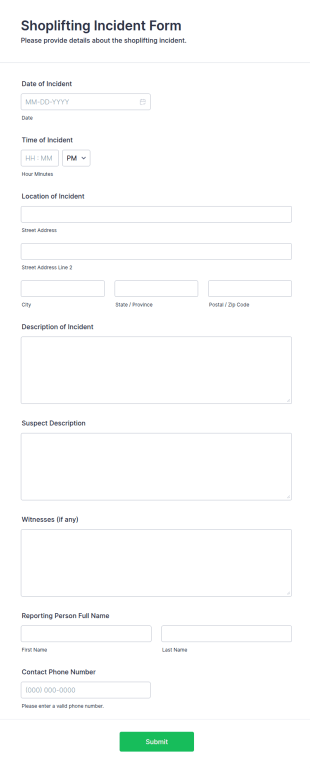 Shoplifting Incident Form Template