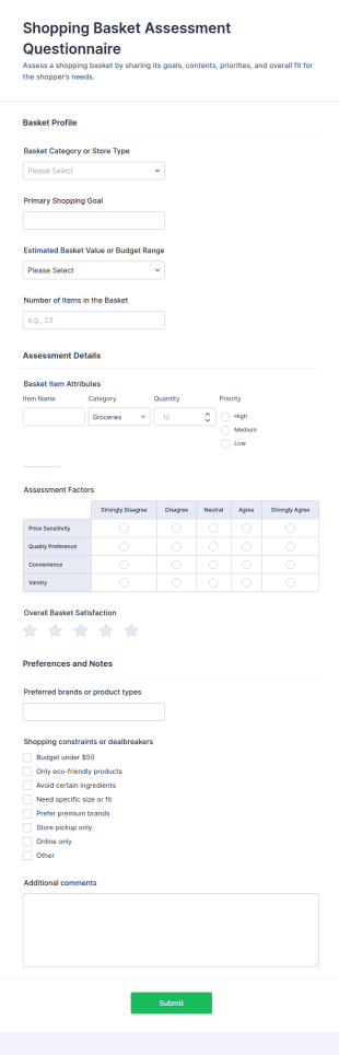 Shopping Basket Assessment Questionnaire Form Template