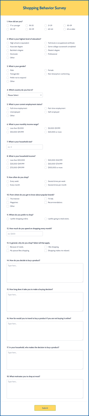 Shopping Behavior Survey Form Template