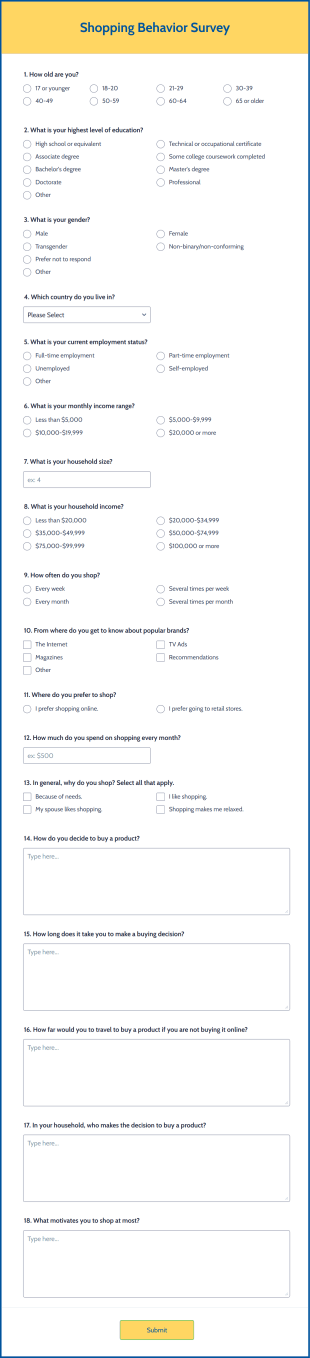 Shopping Behavior Survey Form Template