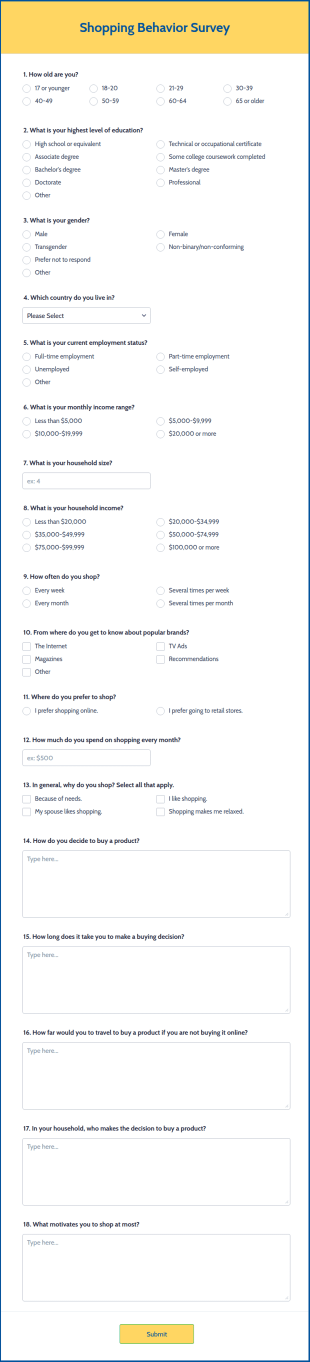 Shopping Behavior Survey Form Template